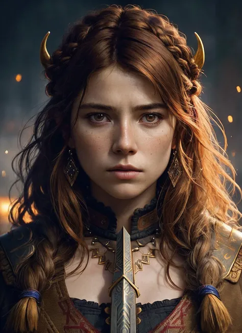 A stunning intricate full color portrait of (sks woman:1) as (viking warrior), (barbarian), epic character composition, by ilya kuvshinov, alessio albi, nina masic, sharp focus, natural lighting, subsurface scattering, f2, 35mm, film grain, <lora:locon_jessiebuckley_v1_from_v1_64_32:1>