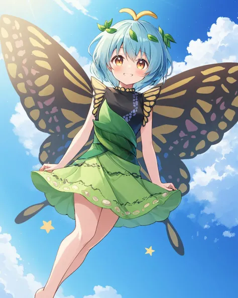 eternity larva,1girl, butterfly_wings, solo, green_dress, smile, butterfly, antennae, blush, leaf_on_head, closed_mouth, feet_out_of_frame, short_sleeves, day, multicolored_dress, looking_at_viewer, blue_sky, cloud, animal
<lora:eternity_larva_image1690_2023-12-20:1>,star-shaped_pupils,symbol-shaped_pupils,. gorgeous,key visual, vibrant, studio anime,award-winning, professional, highly detailed,high budget, cinemascope