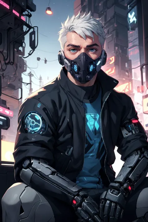 (best quality, masterpiece, detailed, absurdres:1.1), dynamic background, detailed background, shallow dof, closeup face focus, ultra realistic futuristic cyberpunk, muscular male with white hair sitting, cyberpunk, face (cybernetic eyes), cool cybernetic punk jacket, mechanical intricate mask, natural lighting, bokeh, futuristic cityscape background, realistic, cinematic,