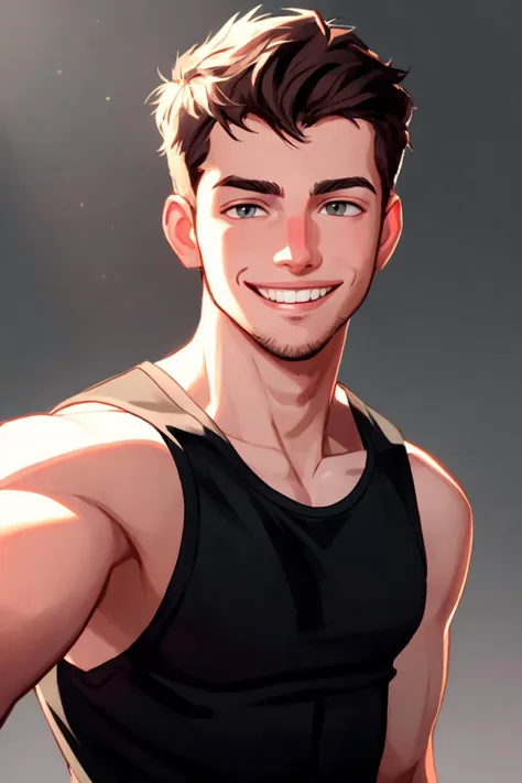 a selfie portrait of a 28 year old young man, wearing white stringer tank top, simple background, dramatic lighting, grin