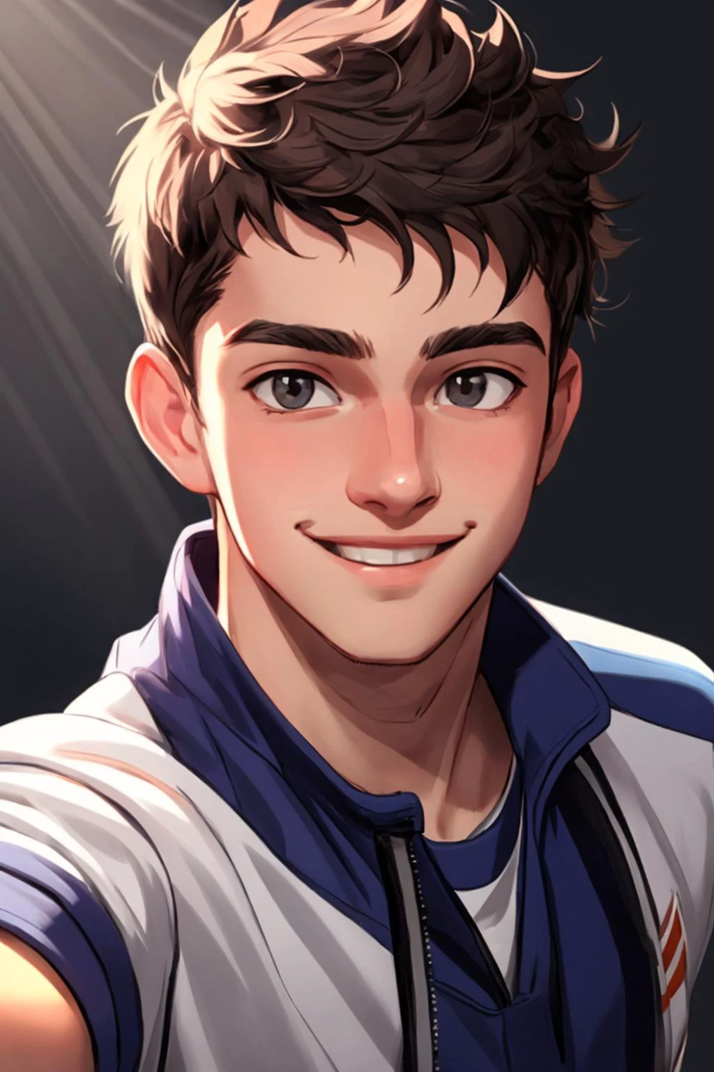 a selfie portrait of a 20 year old young man, simple background, dramatic lighting, sweet and kind smile