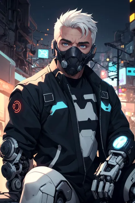 (best quality, masterpiece, detailed, absurdres:1.1), dynamic background, detailed background, shallow dof, closeup face focus, ultra realistic futuristic cyberpunk, muscular male with white hair sitting, cyberpunk, face (cybernetic eyes), cool cybernetic punk jacket, mechanical intricate mask, natural lighting, bokeh, futuristic cityscape background, realistic, cinematic,