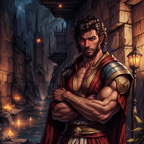 (fantasy, dungeons and dragons, the elder scrolls:1.2), well-drawn, a handsome man, medieval, desert, oasis, redguard, dark skin, curly black hair, brown eyes, flowing robe, monk, golden details, holding scimitar, pose, depth of field, dof, cinematic lighting, bokeh,