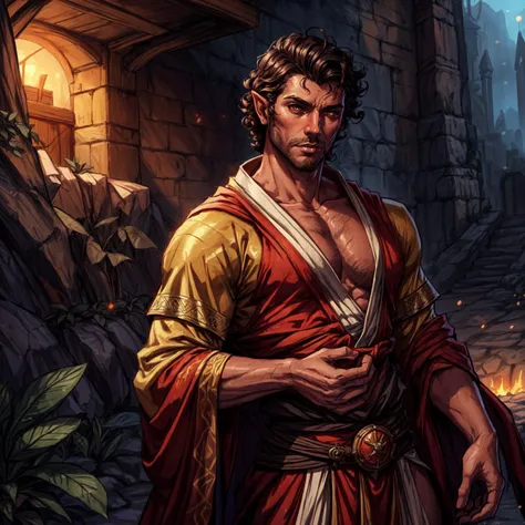 (fantasy, dungeons and dragons, the elder scrolls:1.2), well-drawn, a handsome man, medieval, desert, oasis, redguard, dark skin, curly black hair, brown eyes, flowing robe, monk, golden details, holding scimitar, pose, depth of field, dof, cinematic lighting, bokeh,