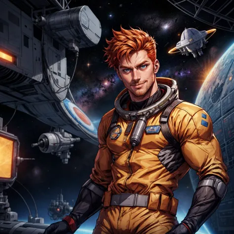 solo, stubble, looking at viewer, spacecraft, science fiction, 1boy, pose, ginger hair, fair skin, smirk, dynamic pose, jumpsuit, tool belt, space, hairy, best quality, depth of field, cinematic lighting, bokeh