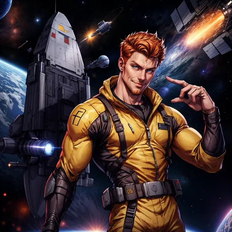solo, stubble, looking at viewer, spacecraft, science fiction, 1boy, pose, ginger hair, fair skin, smirk, dynamic pose, jumpsuit, tool belt, space, hairy, best quality, depth of field, cinematic lighting, bokeh