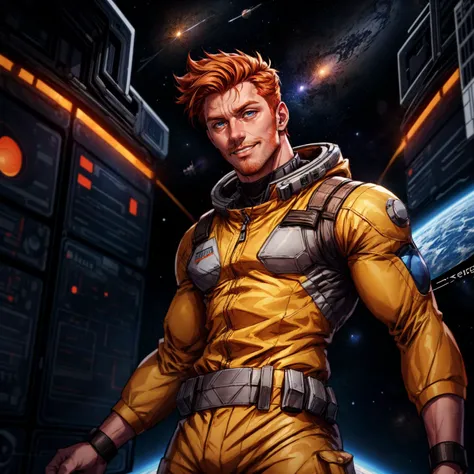 solo, stubble, looking at viewer, spacecraft, science fiction, 1boy, pose, ginger hair, fair skin, smirk, dynamic pose, jumpsuit, tool belt, space, hairy, best quality, depth of field, cinematic lighting, bokeh