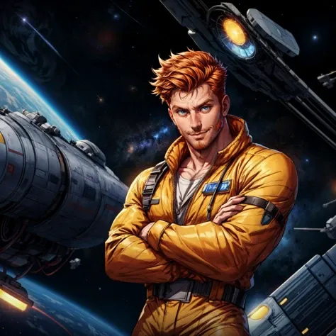 solo, stubble, looking at viewer, spacecraft, science fiction, 1boy, pose, ginger hair, fair skin, smirk, dynamic pose, jumpsuit, tool belt, space, hairy, best quality, depth of field, cinematic lighting, bokeh