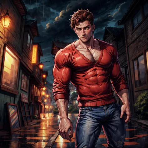 good anatomy, (best quality, masterpiece:1.2), epic, ultra detailed, detailed background, a handsome young man, vampire, (yellow eyes, detailed eyes:1.1), copper-brown hair, perfect looking, dark circles, pale skin, rainy village, drenched plain v-neck sweater, jeans, canvas shoes, 2010s, american city, arm hair, stubble, twilight, forest, best quality, depth of field, cinematic lighting, bokeh,