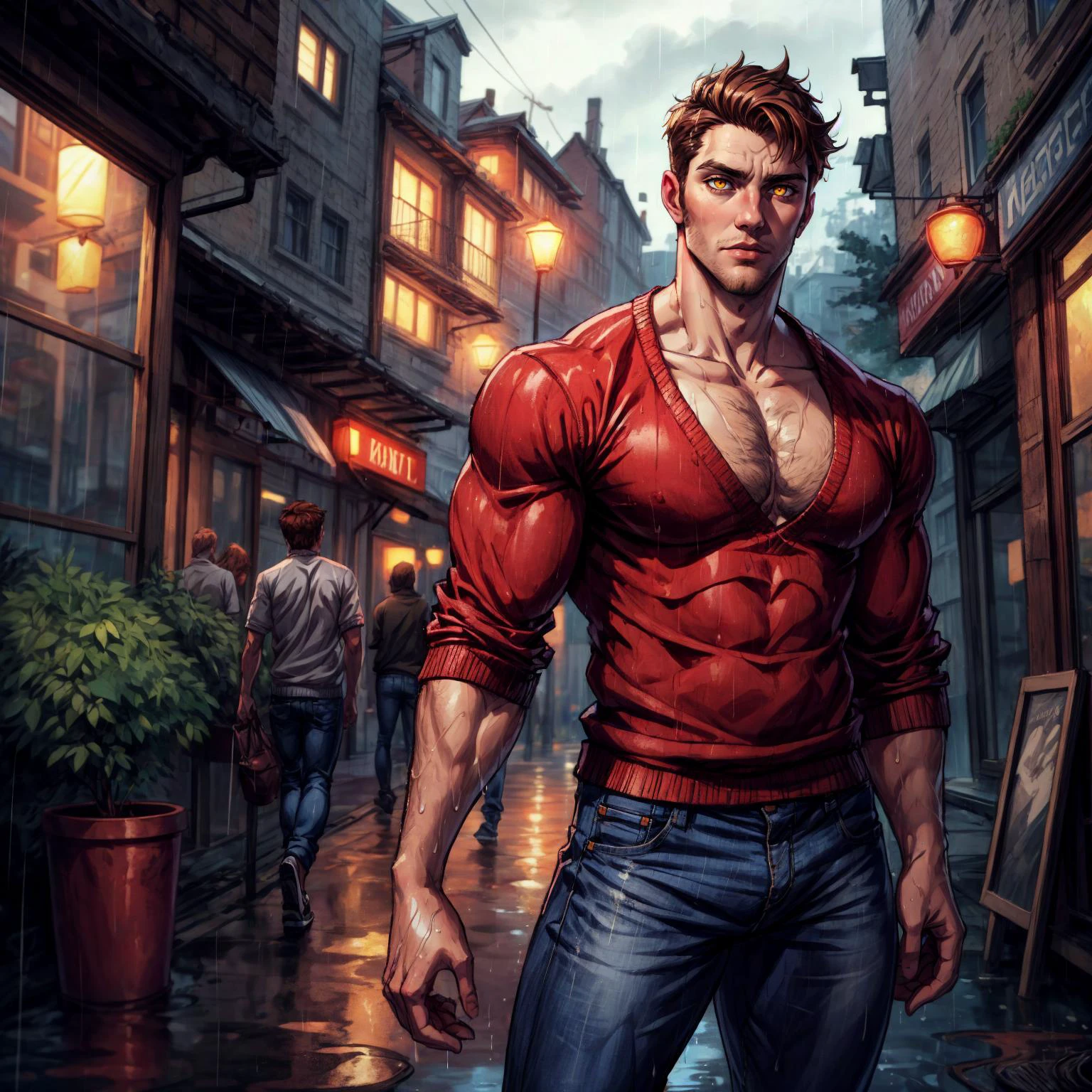 good anatomy, (best quality, masterpiece:1.2), epic, ultra detailed, detailed background, a handsome young man, vampire, (yellow eyes, detailed eyes:1.1), copper-brown hair, perfect looking, dark circles, pale skin, rainy village, drenched plain v-neck sweater, jeans, canvas shoes, 2010s, american city, arm hair, stubble, twilight, forest, best quality, depth of field, cinematic lighting, bokeh,