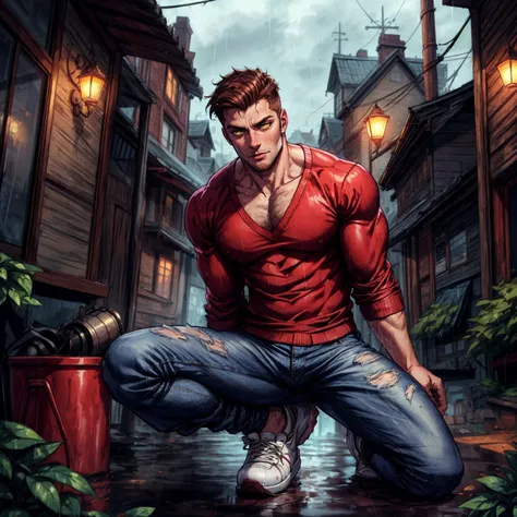 good anatomy, (best quality, masterpiece:1.2), epic, ultra detailed, detailed background, a handsome young man, vampire, (yellow eyes, detailed eyes:1.1), copper-brown hair, perfect looking, dark circles, pale skin, rainy village, drenched plain v-neck sweater, jeans, canvas shoes, 2010s, american city, arm hair, stubble, twilight, forest, best quality, depth of field, cinematic lighting, bokeh,