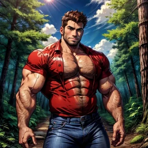 a latin man, medium curly brown hair, (30 years old), lumberjack, (smirk:0.6), open checkered red shirt, jeans, pectoral cleavage, large hairy pectorals, sweat, outdoors, looking at viewer,, sunny, clouds, forest,