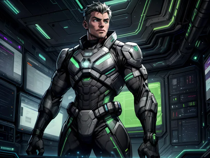 solo male, human, science fiction, futuristic, carbon fiber, breastplate, jacket, sleeves, fatigues, green and gray motif, starship interior, control panel, lights, screens, displays, holograms, projections, ambient glow, starfield, dynamic angle, looking away,