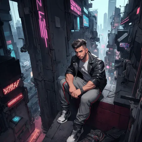 highly detailed, best quality, masterpiece, absurdres, a handsome dark skinned man in a cyberpunk world,  inspired by blade runner, sitting on a rooftop looking over a cyberpunk metropolis, spiked leather jacket, grey sweatpants, bulge,