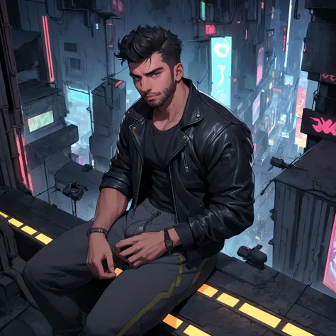 highly detailed, best quality, masterpiece, absurdres, a handsome dark skinned man in a cyberpunk world,  inspired by blade runner, sitting on a rooftop looking over a cyberpunk metropolis, spiked leather jacket, grey sweatpants, bulge,