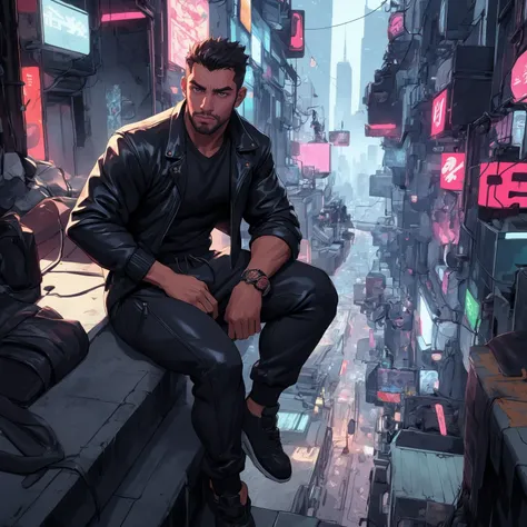 highly detailed, best quality, masterpiece, absurdres, a handsome dark skinned man in a cyberpunk world, inspired by blade runner, sitting on a rooftop looking over a cyberpunk metropolis, spiked leather jacket, grey sweatpants, bulge,