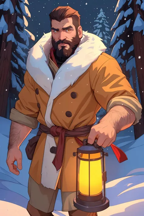 hot hairy daddy dude in the snow, wearing a warm coat with fur, looking at viewer, beard, rugged and handsome, snow storm, holding a lantern as only source of light, adventurer, eskimo style,