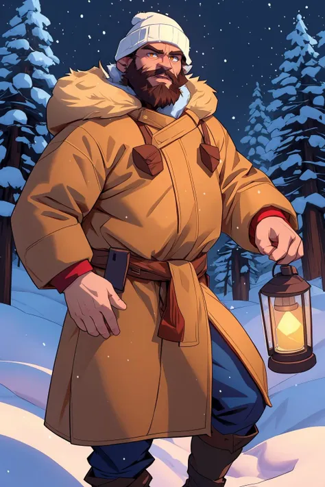 hot hairy daddy dude in the snow, wearing a warm coat with fur, looking at viewer, beard, rugged and handsome, snow storm, holding a lantern as only source of light, adventurer, eskimo style, warm beanie, furry hood