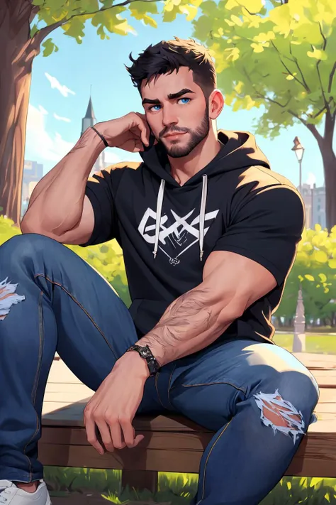 (best quality, masterpiece, epic, absurdres, detailed), a handsome man, romanian, fair skin, sitting in a park, short black hair, blue eyes, t-shirt, hoodie, ripped jeans