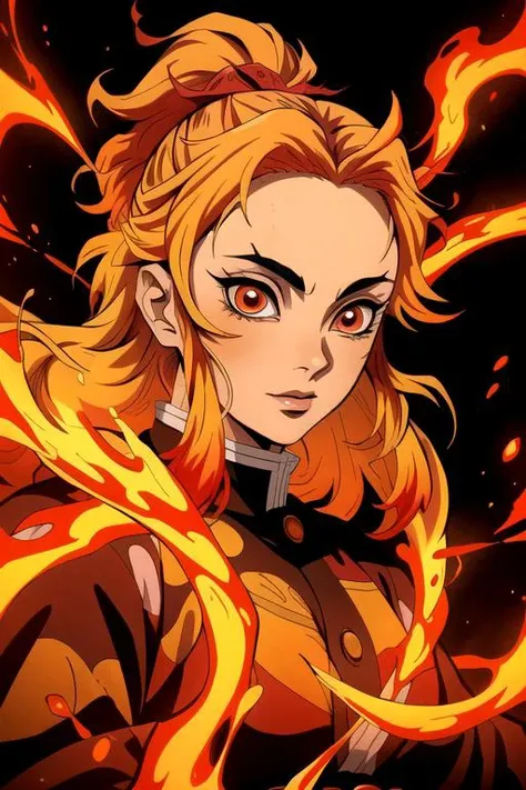 portrait of girl rengoku kyoujurou in hell, fire, solo, wallpaper, red, volcan, lava, rock, upper body, (woman, girl, feminine:1.45), <lora:Rengoku_Kyoujurou_v1:0.4> <lora:Demon Slayer Style:0.45> kimetsu no yaiba style, anime coloring, (masterpiece, best quality, artwork, lineart, inked-art, detailed, comic:1.0)