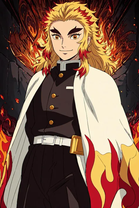<lora:Rengoku_Kyoujurou_v1:0.75>,rengoku kyoujurou, 1boy, blonde hair, thick eyebrows, smile, demon slayer uniform, white cape, flame print, black jacket, belt, black pants, cowboy shot, fire, <lora:StudioGhibliStyle:0.6>