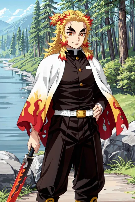 <lora:Rengoku_Kyoujurou_v1:0.9>,rengoku kyoujurou, 1boy, blonde hair, thick eyebrows, smile, demon slayer uniform, white cape, flame print, black jacket, belt, black pants, feet out of frame, forest, nature, river, sword, weapon, sheath
