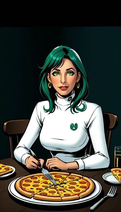 Ringo! Style, 1girl, green hair, yellow eyes, white shirt, long sleeves, turtleneck, sitting, looking at viewer, eating, pizza, plate, fork, knife, table, chair, table, restaurant, traditional media, cinematic angle, dark, dark background, masterpiece, best quality , <lora:RingoStyleXL:0.8>