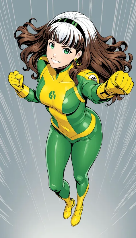 Ringo! Style, 1girl, solo, long hair, smile, brown hair, gloves, jewelry, medium breasts, green eyes, jacket, white hair, multicolored hair, earrings, bodysuit, headband, looking up, clenched hand, multicolored clothes, clenched hands, green jacket, superhero, yellow gloves, barcode, black headband, green bodysuit, yellow bodysuit, <lora:RingoStyleXL:0.8>