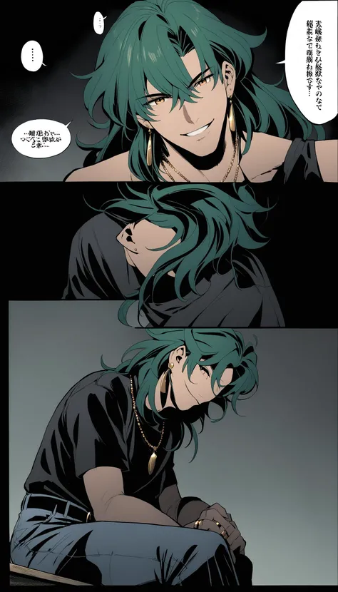 Ringo! Style, 1boy, Mike Wireringo Comics, blood, brown eyes, earrings, green hair, hair between eyes, jewelry, long hair, looking at viewer, male focus, necklace, pants, ring, shirt, sitting, smile, solo, cinematic angle, dark, dark background, masterpiece, best quality, <lora:RingoStyleXL:1>