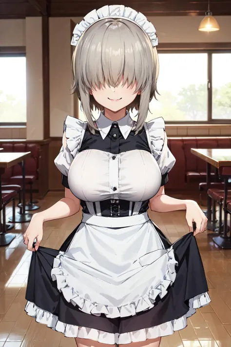 masterpiece,best quality,highres,ultra-detailed,aayanagi,short hair,hair between eyes,long bangs,sidelocks,hair over eyes,covered eyes,large breasts,<lora:uzaki_yanagi:0.8>,indoors,cafe,maid,maid headdress,apron,(skirt hold:1.2),(curtsy:1.2),standing,cowboy shot,smile,