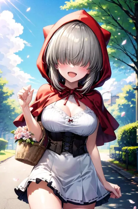 (masterpiece, best quality, detailed), 1girl, solo, looking at viewer, aayanagi, short hair, hair between eyes, long bangs, sidelocks, hair over eyes, covered eyes, large breasts,
<lora:little_red_riding_hood_v0.1:1>, little red riding hood, frilled dress, basket, miniskirt, cleavage, cherry blossoms, petals, outdoors, tree, sky, wind, holding bouquet, bouquet, flower, smile, open mouth, blush