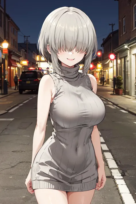 masterpiece,best quality,highres,ultra-detailed,aayanagi,short hair,hair between eyes,long bangs,sidelocks,hair over eyes,covered eyes,large breasts,<lora:uzaki_yanagi:0.8>,sweater,turtleneck,street,smile,standing,sleeveless,