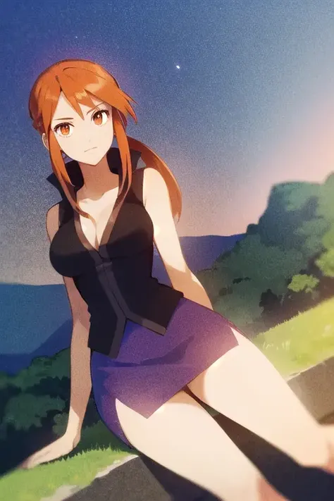 <lora:EXLorelei:0.7> EXLorelei, orange hair, solo, purple skirt, village background