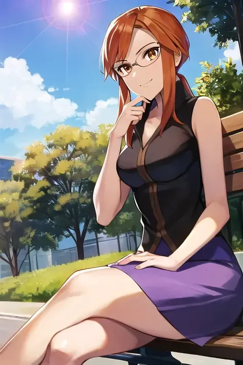 <lora:EXLorelei:0.7> EXLorelei, orange hair, solo, purple skirt, crossing legs, hand holding chin, bench, park, sunny, brown eyes