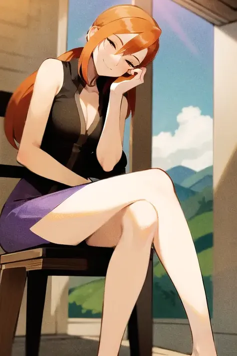 <lora:EXLorelei:0.7>  EXLorelei, orange hair, solo, purple skirt, crossing legs, hand at chest, sunny, cozy village sitting on Throne, slightly close eyes, looking downward, turn head,