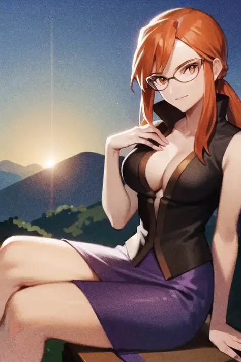 <lora:EXLorelei:0.7> EXLorelei, orange hair, solo, purple skirt, village background, crossing legs, hand at chest