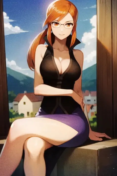 <lora:EXLorelei:0.7> EXLorelei, orange hair, solo, purple skirt, crossing legs, hand at chest, sunny, cozy village
