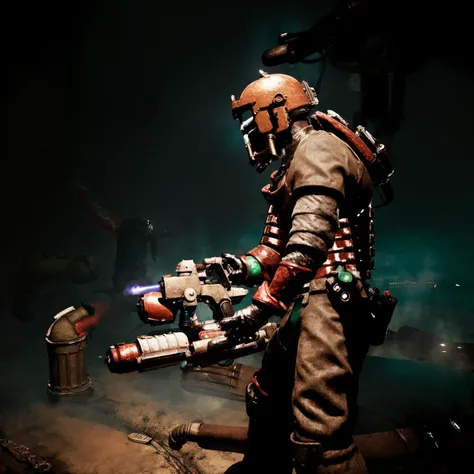 a man in a space suit with a flamethrower, medium shot, side view, paved wall with pipes and metal object attached to it, lit from above, high-contrast lighting, solo, masterpiece <hypernet:isaacFlame:1>scorn zwx-1500