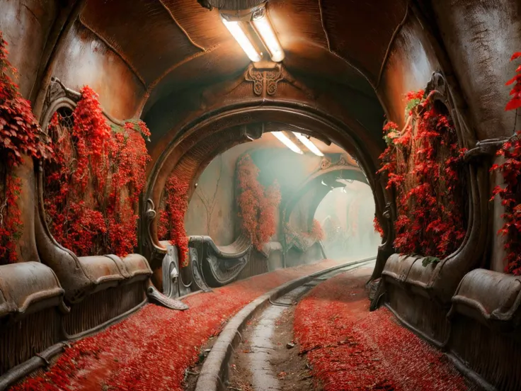 scorn, a tunnel with red vines hanging from the ceiling and covering the walls masterpiece, highly detailed, trending on artstation zwx-2000