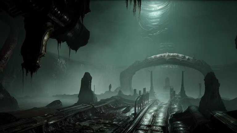 HDR photo of scorn, a huge room with a large opening in the ceiling, a machine with a large crane on top, dense fog, masterpiece . High dynamic range, vivid, rich details, clear shadows and highlights, realistic, intense, enhanced contrast, highly detailed