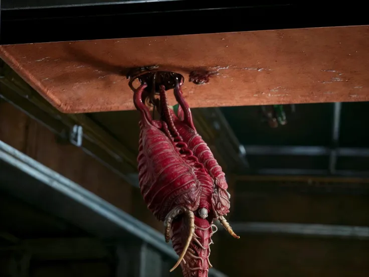 scorn, parasite creature hangs from the ceiling, full shot masterpiece, highly detailed, trending on artstation zwx-2000