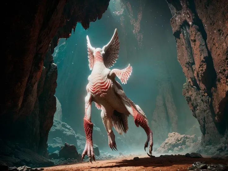 UHD, 8K, ultra detailed, a cinematic photograph of scorn, a white wings creature stands in a cave with rocky archway, masterpiece, beautiful lighting, great composition