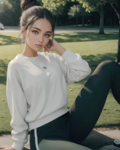 1Female. Yoga pants, white oversized sweater, hair in a bun. Professional photo. Perfect eyes, highly detailed beautiful expressive eyes, detailed eyes. Detailed face. Sitting at a park. Green grass and trees. 35mm photograph, film, bokeh, professional, highly detailed dynamic lighting, photorealistic, 8k, raw, rich, intricate details, realistic, realism.