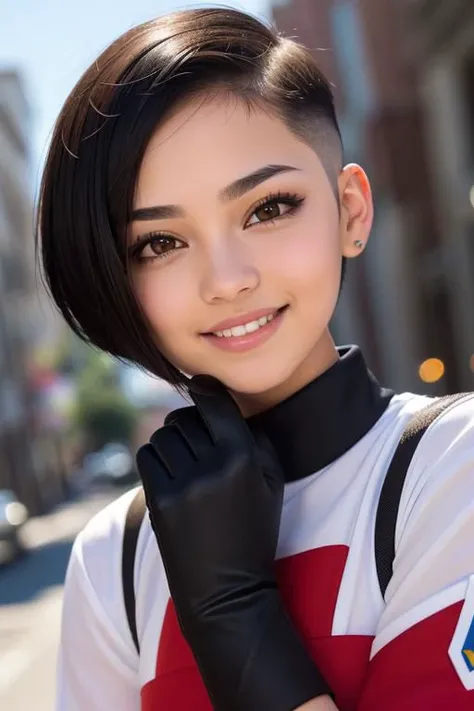 spiky bald hairstyle, short hair, mexican skin, gloves, uniform military, 1girl ,dark black hair, ((hair cut super short,)), soft Brown eyes, smile lips,