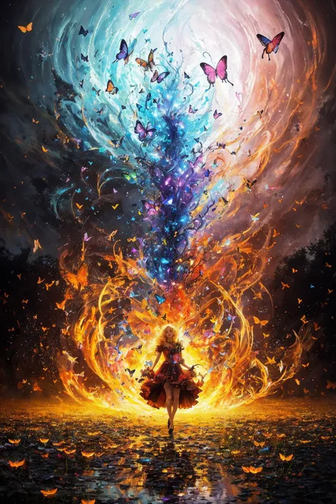 [ : shifted reality, elemental butterflies rage, broken reflections, magic fireflies tornado,
liquid fire flow, chaotic flowers, fierce night,
(A charming 24 yo Swedish curly blonde),
heartbreaking fantasy art, mind-blowing painting, unreal scenery : 0.1]