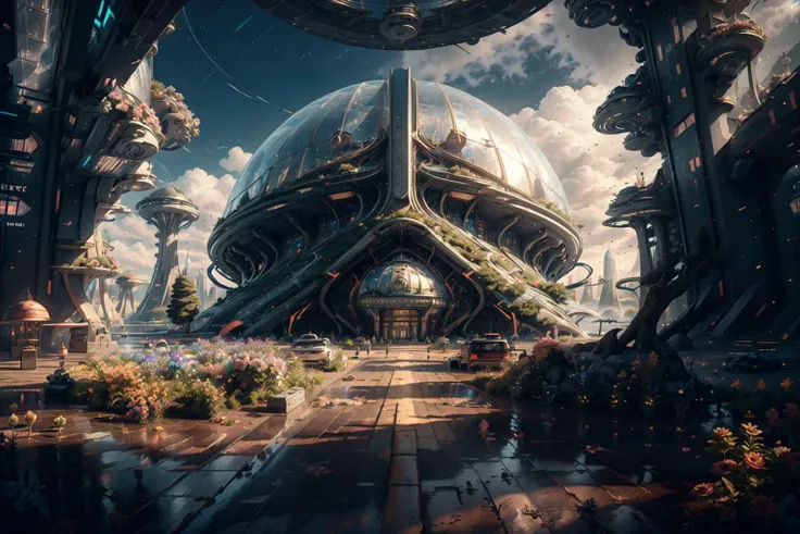 <lora:XSArchi_127:1>, Lively, sci-fi, trees, flower, water, scenery, detailed dome building, ship, windows, future tech, future highways, road,
(masterpiece:1.2), (best quality,:1.2), 8k, HDR, ultra detailed, ((photorealistic)), professional light, cinematic lighting, fashion photography, ambient lighting, fantasy,
cozy , starry sky , clouds,