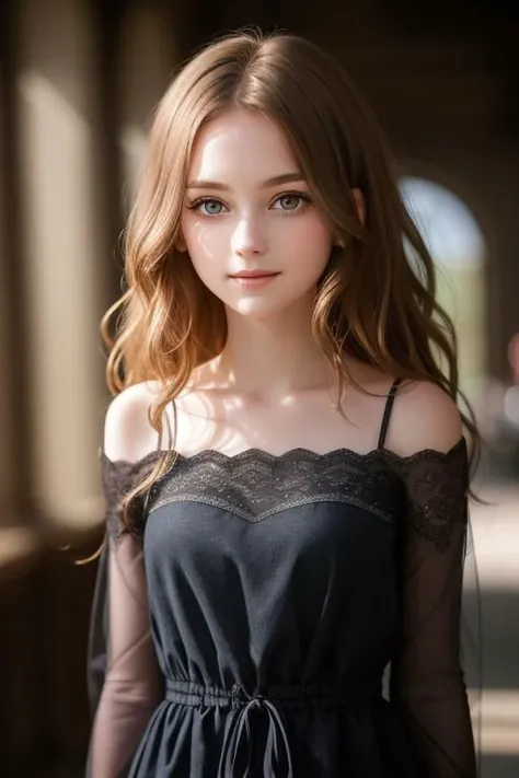 Upper body portrait, 18 year old girl, pale skin, Large hazel Fae eyes, long wavy hair, coy smile, stunning adorable, highly detailed, Professional photography and lighting, taken with Nikon z8 dslr camera, Nikkor 85mm lens, f/2.8, ISO64, 1/100 sec., sharp focus on eyes, highly detailed eyes, shallow depth of field, (volumetric light and shadows:1.2), (dark background), direct eye contact with viewer, hyper realistic