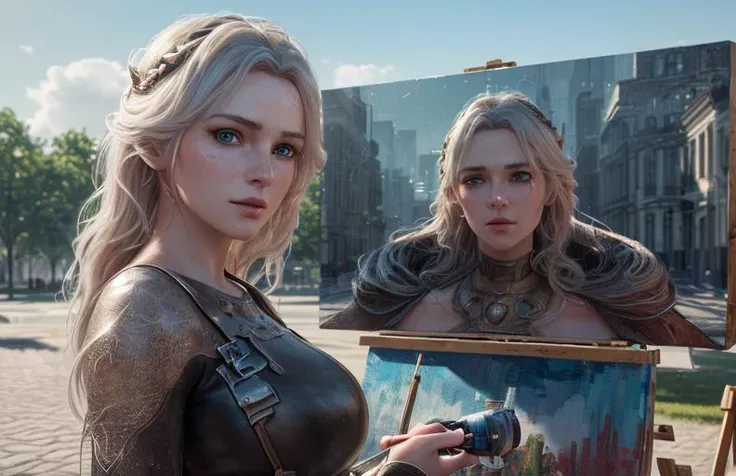analog style, upper body photo of a woman, 1woman, (artist), ((pretty  face: 1.7, perfect face:1.5)),
(huge breasts), pale skin, shinny skin, overall, cap, (making a painting, painting a picture),  on a public square, park, 
8k, 3d, (best quality:1.5, hyperrealistic:1.5, photorealistic:1.4, madly detailed CG unity 8k wallpaper:1.5, masterpiece:1.3, madly detailed photo:1.2), (hyper-realistic lifelike texture:1.4, realistic eyes:1.2), (octane render, unreal engine 5)