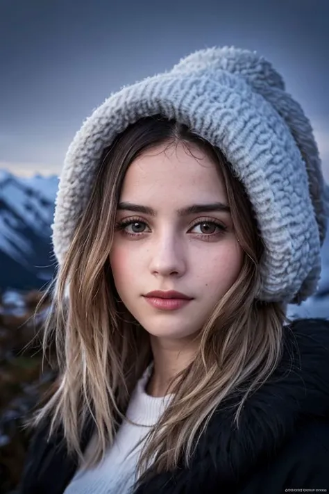 model shoot style, ((high-quality:1.13), masterpiece), A portrait, of a beautiful teanage girl,, Dramatic lighting, datk theme, at night, in mountains, winter, (contest winner photo by lee jeffries, greg rutkowski and magali villanueve) <lora:add_detail:0.5> <lora:Better Portrait Lighting:0.4>