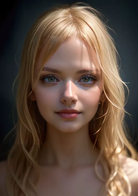 (best quality, high-quality, masterpiece:1.2, 4k full HD, portrait, half body photo) of girl, (blonde girl, pale skin, big blue eyes, long hair, light smile, blushing), (beautiful girl:1.2, cute face), (most detailed photography, HD wallpaper), (ecstasy of light and shadow, volumetric light and shadows:1.2), (contest winner photo by lee jeffries, Greg Rutkowski and Magali Villanueva)